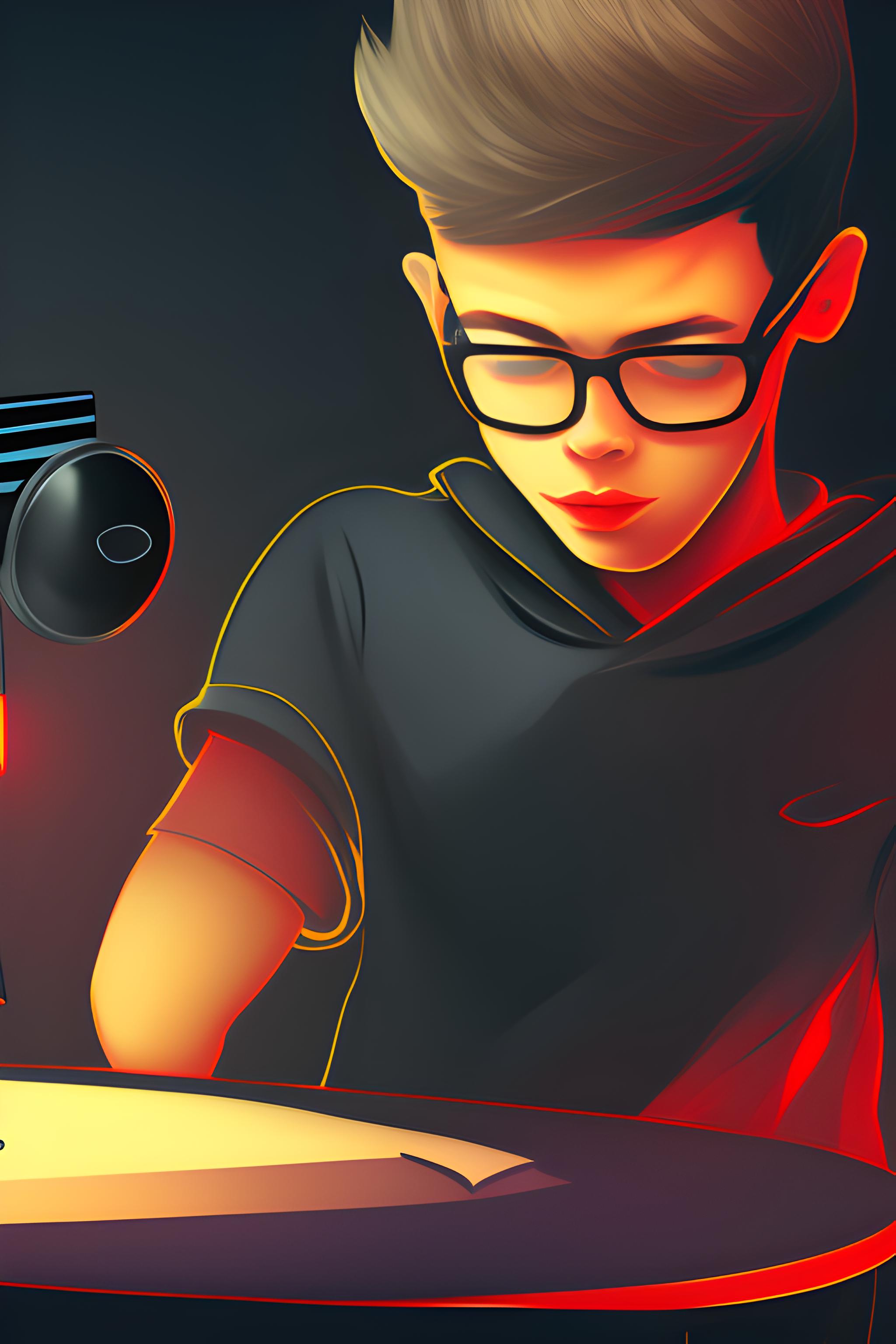 behind a table, the character is wearing a black shirt and a red hoodie and attractive glassed and voice over mic include a studio table in front if the boy front editing studio in 16:9 ratio